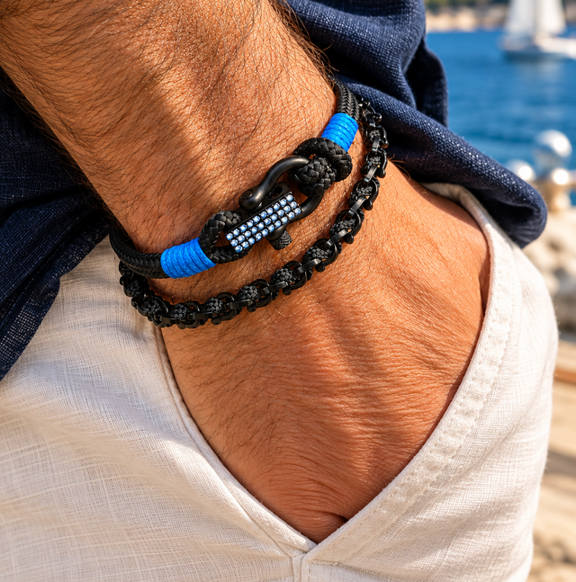 ROYAL 3mm Armband mit nautischer Faltschließe, schwarz-blau