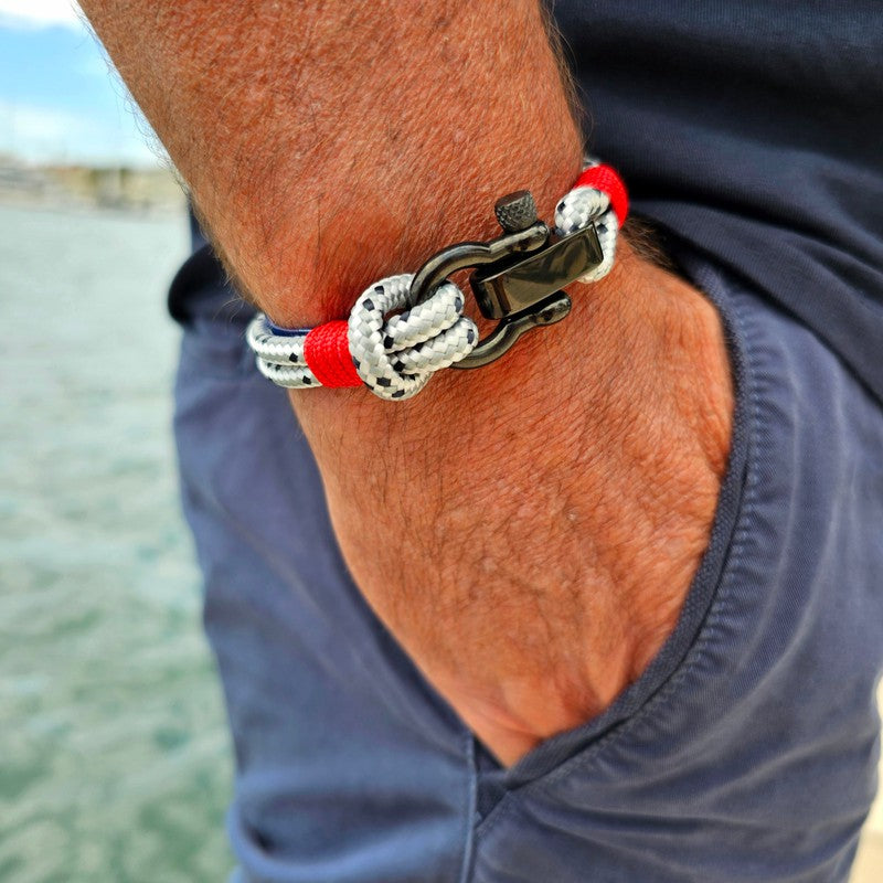 CAPTAIN 4mm Nautical Clasp Bracelet - Grey Mix Red